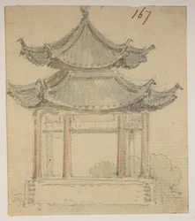 Tempel, aus einem Album von 372 Zeichnungen von Landschaften, Küstenlinien, Kostümen und Alltagsleben während der Botschaft von Lord Macartney an den Kaiser von China, zwischen 1792 und 1794