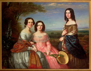 Gruppenporträt von drei Mädchen, Dreiviertellänge, in einer Landschaft