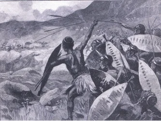 Kämpfe in den Matoppo-Hügeln: Angriff der Matabele, Illustration aus Cassells Geschichte Englands, 1900er Jahre