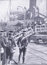 Japanische Truppen gehen in Kobe an Bord, Illustration aus Cassells Geschichte des Russisch-Japanischen Krieges Band 1, ca. 1900