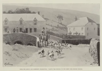 Mit den Devon und Somerset Staghounds, die Hunde zum Treffen über die Exford-Brücke bringen