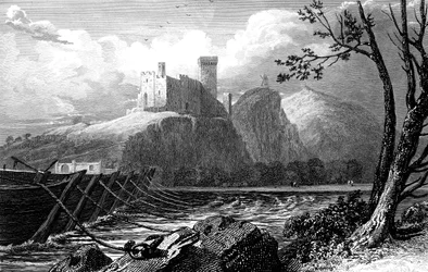 Das Schloss von Beaucaire und eine Bootsbrücke über die Rhone, Frankreich, 1824