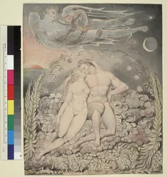 Illustration 5 zu Miltons "Das verlorene Paradies": Satan beobachtet die Zärtlichkeiten von Adam und Eva