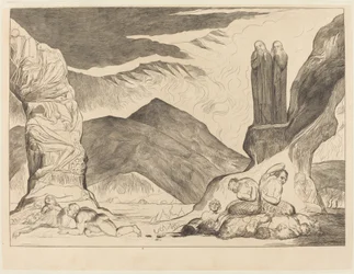 Der Kreis der Fälscher; Dante und Virgil halten sich wegen des Gestanks die Nasen zu