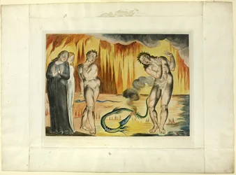 Der Kreis der Diebe; Buoso Donati wird von der Schlange angegriffen. Inferno, Gesang XXV