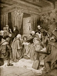 Robert Bruce verleiht eine Urkunde, 1329, Illustration aus 