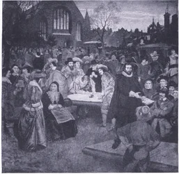 Unterzeichnung des Nationalen Bundes im Greyfriars Kirchhof 1638, aus Cassells Geschichte des britischen Volkes, veröffentlicht von der Waverley Book Company Limited, ca. 1940