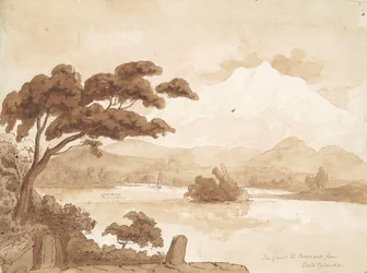 recto: Landschaftsszene mit See und Bergen