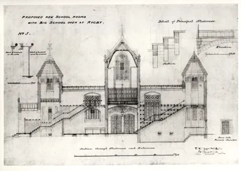 Details der Eingänge, Treppen, Ofenkammer-Tür und Handläufe, (New Big School), Rugby School, 1844