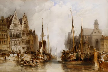 Häuser der Franc Bateliers und Kirche St. Nikolaus am Kanal in Gent, 1845