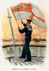 Das Senken der Flagge bei Sonnenuntergang, ca. 1890-1893