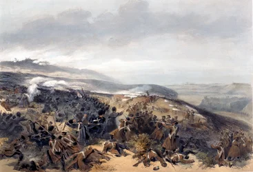 Zweiter Angriff der Wachen, als sie die Zwei-Geschütz-Batterie in der Schlacht von Inkerman zurückeroberten, graviert von Edmond Morin (1824-82) aus The Seat of War in the East - First Series, veröffentlicht von Colnaghi