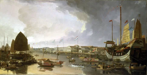 Überblick über europäische Fabriken in Kanton (China), mit Beschreibungen der Navigation auf dem Guangdong-Fluss (oder Perlfluss) und einer Vielzahl von Booten
