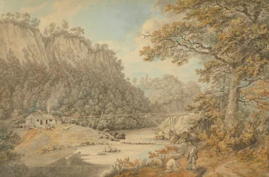 Eine Szene in Derbyshire; Industrieanlagen über einen Fluss
