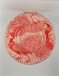 Rubinrot und goldglänzend glasierte Schale, verziert mit zwei Pfauen, bemalt von Charles Passenger, um 1890