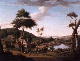 Flusslandschaft mit Figuren vor einem Cottage