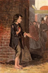 Ein Kind bettelt um Geld, um Brot zu kaufen (Chromolithografie)