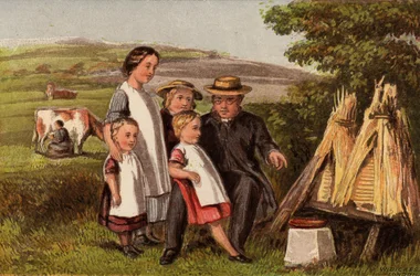 Industrie: Familie auf dem Land mit Bienenstöcken (Chromolithografie)
