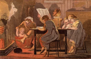 Samstagabend: eine Familie liest und unterhält sich am Abend