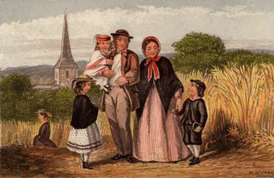 Sonntagmorgen: Familie auf dem Rückweg von der Kirche