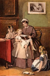 Der freundliche Diener: ein Dienstmädchen liest kleinen Kindern vor