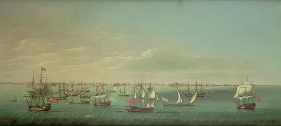 Britische, französische, portugiesische und spanische Handelsschiffe und Kriegsschiffe vor Cádiz