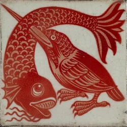 Fliese mit Eisvogel mit Schnabel durch Fisch, 1882-1888