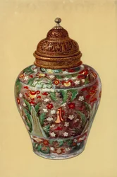 Krug, Ming-Dynastie, chinesisch, mit persischem Messingdeckel (Farblithografie)