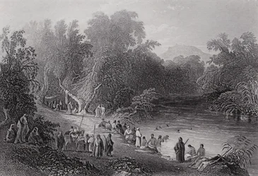 Der Jordanfluss, Griechischer Badeplatz (Gravur)