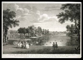 Blick auf den See vom Mittelweg im Garten von West Wycombe, Buckinghamshire, graviert von William Woollett (1735-85)