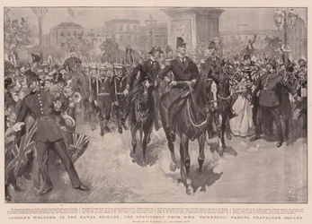 Londons Willkommen an die Marinebrigade, die Abordnung von HMS Powerful passiert den Trafalgar Square