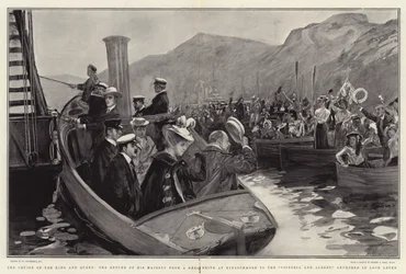 Die Kreuzfahrt des Königs und der Königin, die Rückkehr Seiner Majestät von einer Hirschjagd in Kinlochmore zur Victoria und Albert, vor Anker in Loch Leven