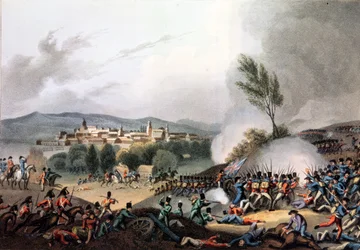 Schlacht von Vittoria, 21. Juni 1813, radiert von I. Clark, aquatintiert von M. DuBourg