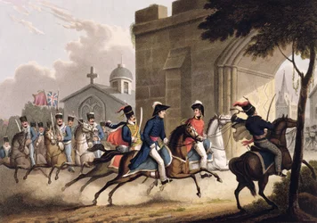 Einzug von Lord Wellington in Salamanca an der Spitze eines Husarenregiments, 20. Mai 1813, aus 