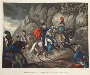 Erkundung nach der Überquerung des Bidassoa, Aquatinta von J.C. Stadler, veröffentlicht von Tegg, April 1818