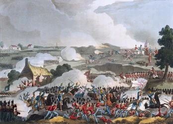 Das Zentrum der britischen Armee in Aktion bei der Schlacht von Waterloo, 18. Juni 1815, Aquatinta von Sutherland, 1815 (kolorierte Aquatinta)