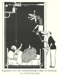 Genialer Trick, um einem ungestümen Jungen eine Dosis Medizin zu verabreichen (Litho)
