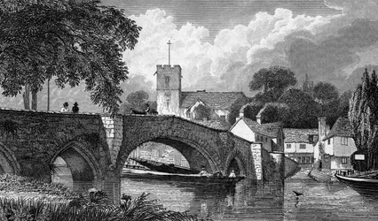 Kirche und Brücke von Aylesford, graviert von B. Winkles, veröffentlicht 1829