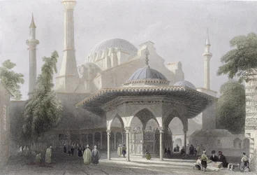 Hof und Brunnen der Hagia Sophia, Istanbul, graviert von J. Redaway, ca. 1850