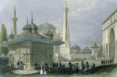 Brunnen und Platz der Hagia Sophia, Istanbul, graviert von T. Higham, ca. 1850