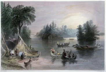 Indianer-Tipis und Kanus, Ufer des St. Laurent - in „Canadian scenery illustrated“ von W.H. Bartlett, London