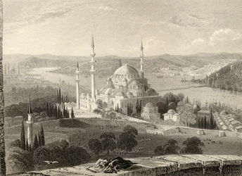 Moschee und Grab von Sulieman, vom Seraskier-Turm, Istanbul, Türkei, graviert von H. Adlard