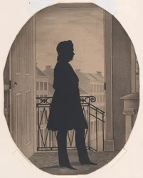 Silhouette eines jungen Mannes vor einem offenen Fenster, nach rechts blickend, vor 1860