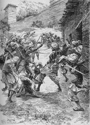 Leutnant Harley an der Spitze von vierzig Sikhs und sechzig Kaschmiris stürmte das Haus