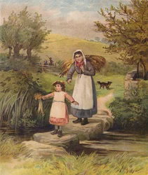 Frau und Mädchen überqueren einen Bach über Trittsteine