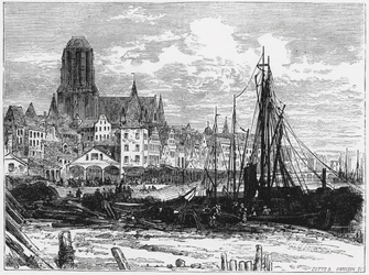 Ansicht von Frankfurt am Main mit der Weißfrauenkirche im Hintergrund, graviert von Cutts und Harrison