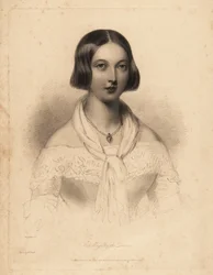 Junge Königin Victoria, Anfang 20. Stahlstich von William Henry Mote nach einer Illustration von William Drummond aus Charles Heaths English Pearls, or Portraits for the Boudoir, Tilt and Bogue, London
