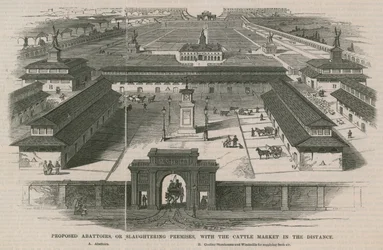 Vorgeschlagene Schlachthöfe mit dem Viehmarkt in der Ferne