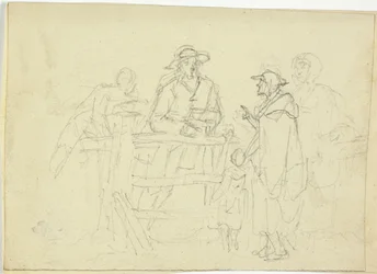 Vier Figuren an einem Zaun