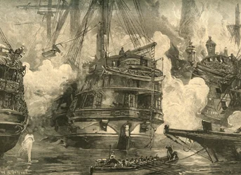 Schlacht von Navarino: HMS Asia im Kampf mit den Schiffen von Capitan Bey und Moharram Bey, 1827 ca. 1890